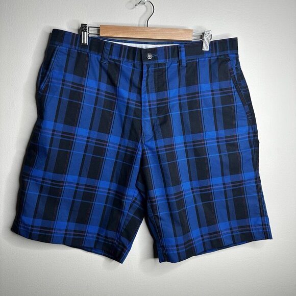 Callaway Plaid Golf Shorts Performance Mens Size 36 Blue Black Flat Front Preppy - Picture 1 of 13